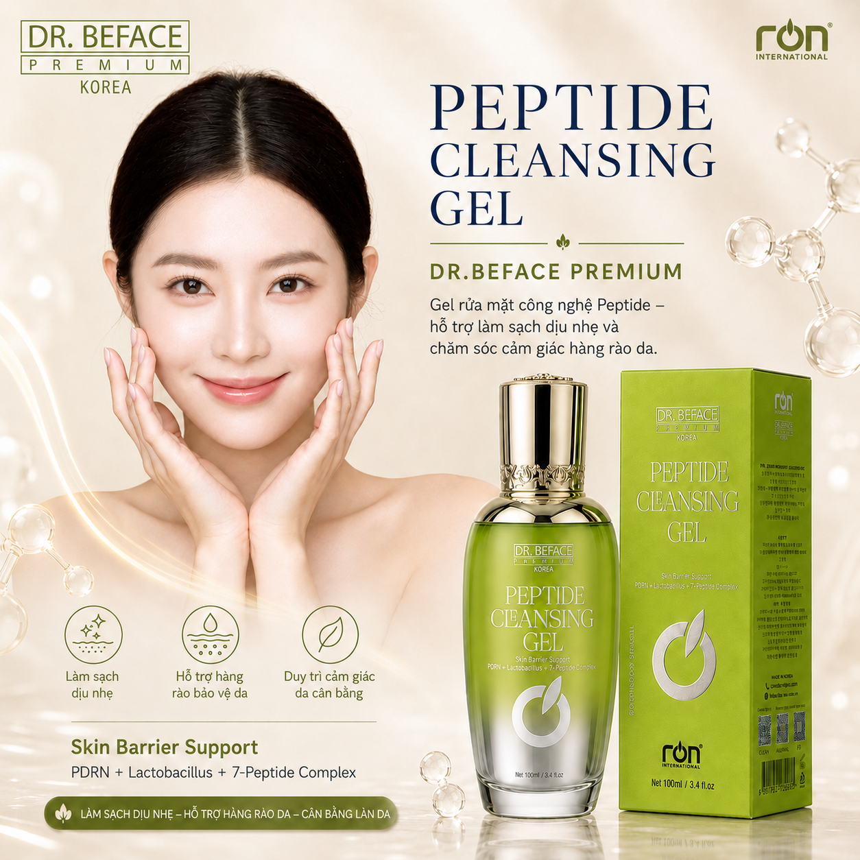 RON DR. BEFACE PREMIUM PEPTIDE CLEANSING GEL/Gel rửa mặt Peptide phục hồi da cao cấp